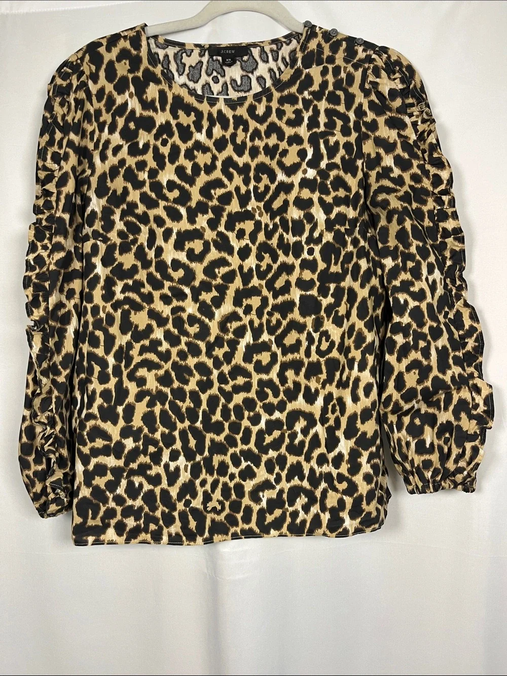 J crew cotton poplin leopard print ruffle long sleeve top size xs